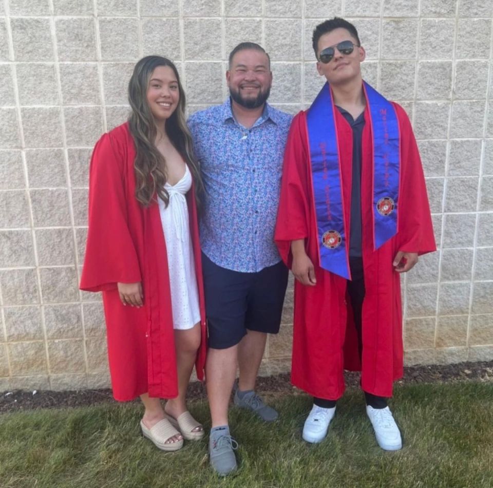 Collin, right, with his dad Jon and sister Hannah, who is the only other sibling living with Jon