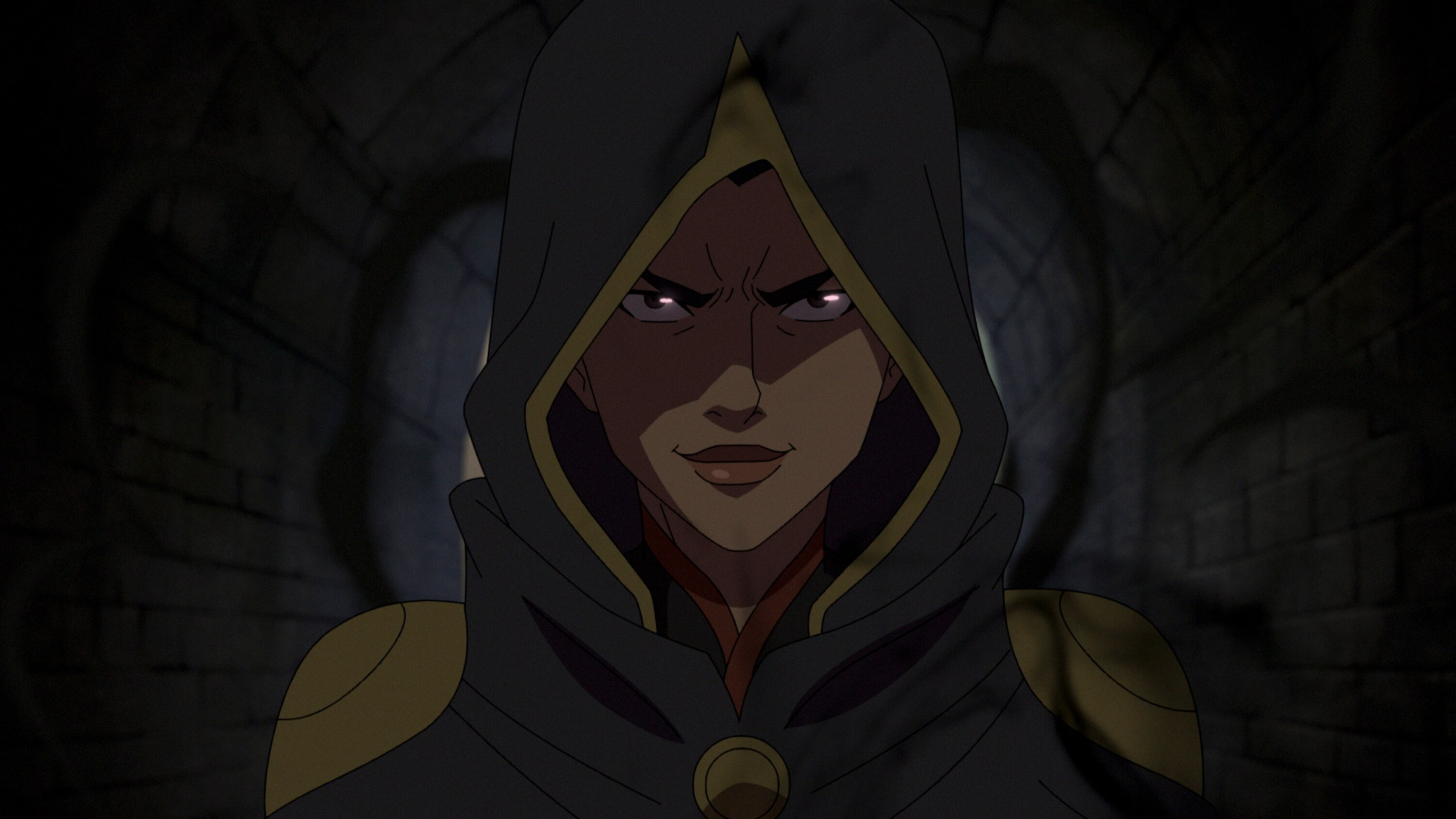 Anna Ripley smirking under a hood in The Legend of Vox Machina