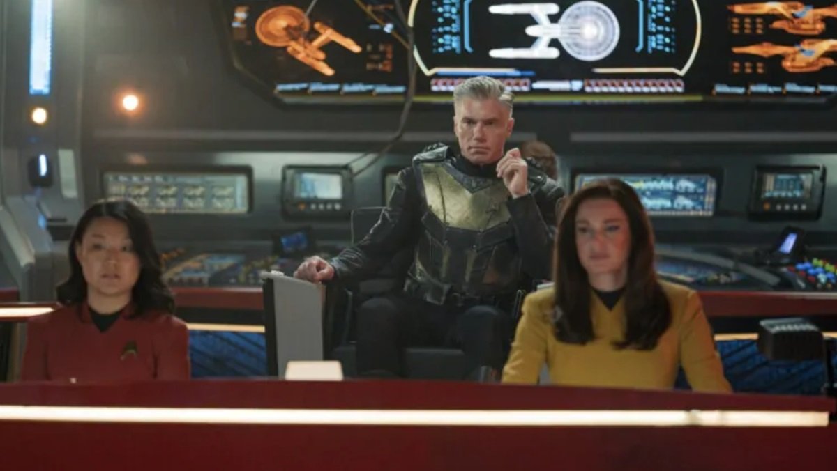 Captain Pike (Anson Mount) commands the bridge of the Enterprise in the season 3 premiere of Star Trek: Strange New Worlds.