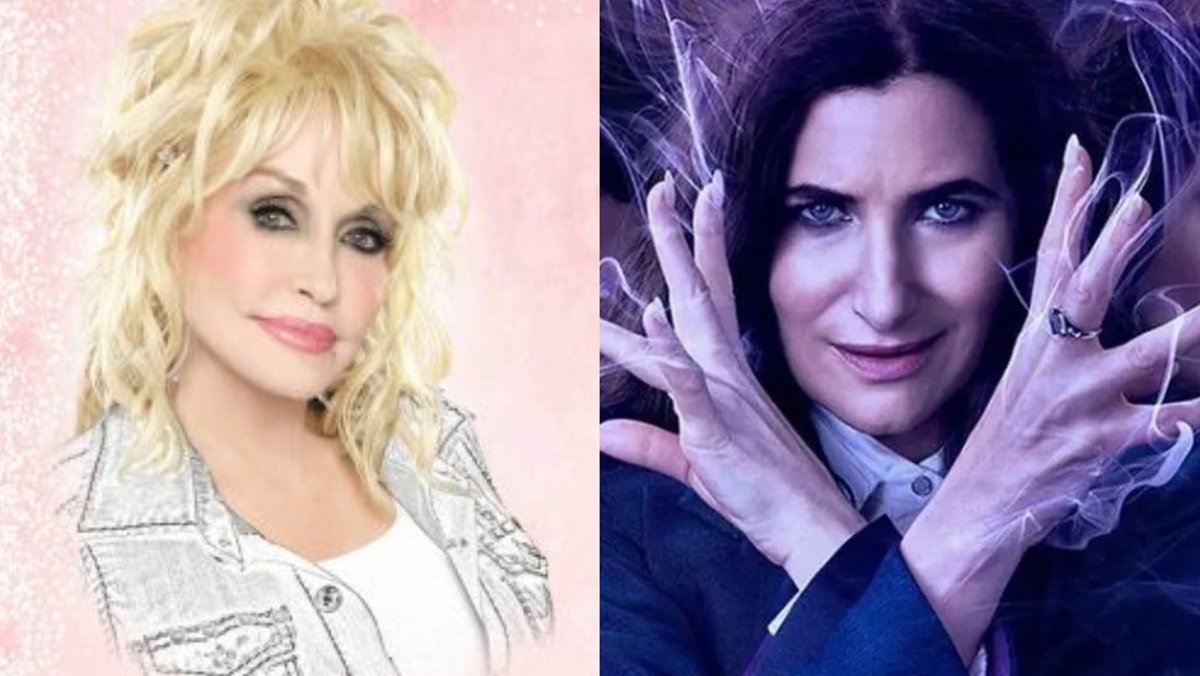 (L) Dolly Parton (R) Kathryn Hahn as Agatha Harkness.