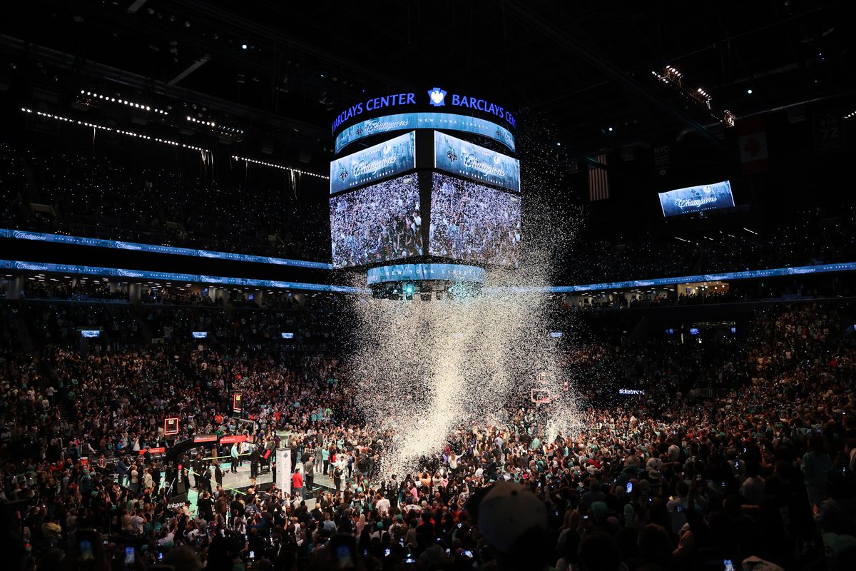  A general view of the arena during the trophy ceremony after New York Liberty defeats the Minnesota Lynx to win Game Five of the WNBA Finals at Barclays Center on October 20, 2024 in New York City. (Photo by Sarah Stier/Getty Images)