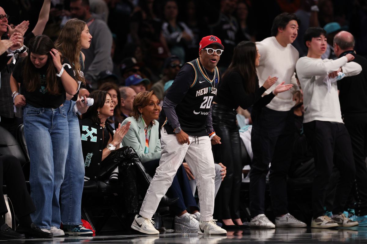 Spike Lee reacts during the first half of Game Five of the WNBA Finals at Barclays Center on October 20, 2024 in New York City. (Photo by Elsa/Getty Images)