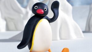 Pingu the Penguin in the South Pole waving.