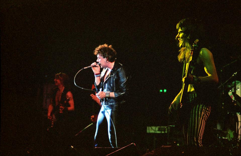 Iron Maiden perform on stage at Hammersmith Odeon in 1980