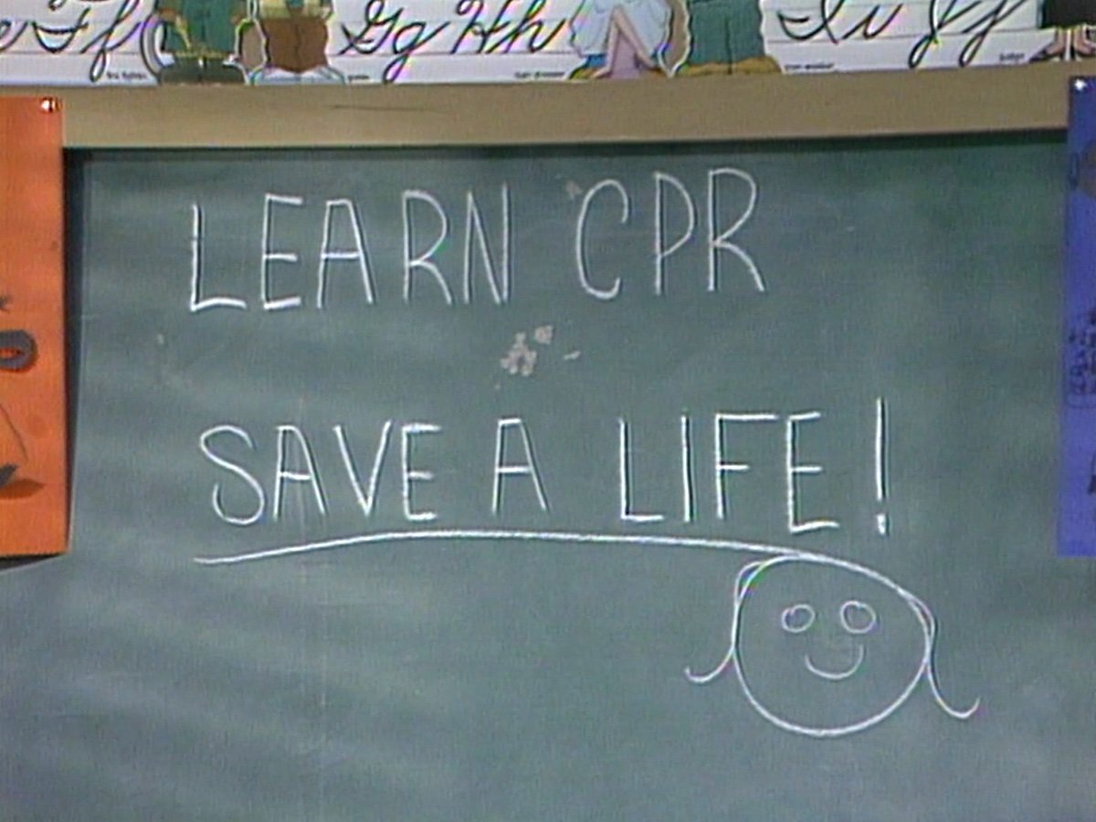 Chalkboard with writing about CPR and saving a life on Punky Brewster