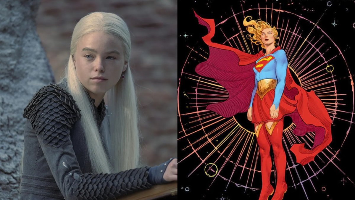 Milly Alcock in House of the Dragon (L) and an illustration of Supergirl by Bilquis Evely.