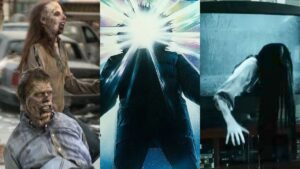 Zombies from 2004's Dawn of the Dead, the poster from The Thing, and Samara coming out of the TV in The Ring, three of the best horror remakes.