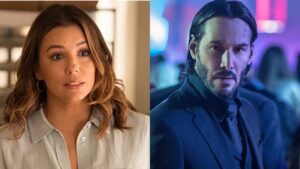 (L) Eva Longoria in Only Murders in the Building and (R) Keanu Reeves as John Wick.