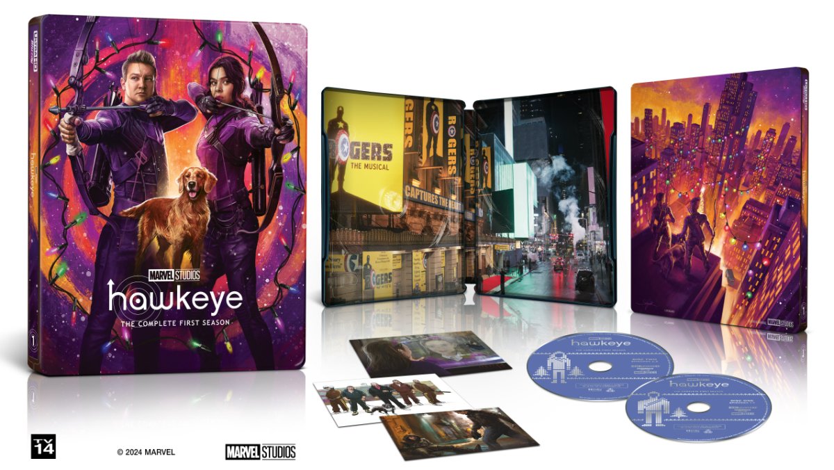 The Hawkeye Season 1 Steelbook with two Blu-ray DVDs and three concept art cards 