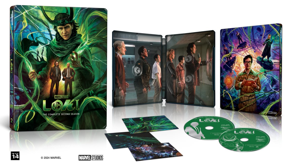 The Loki Season 2 Steelbook with two Blu-ray DVDs and three concept art cards 