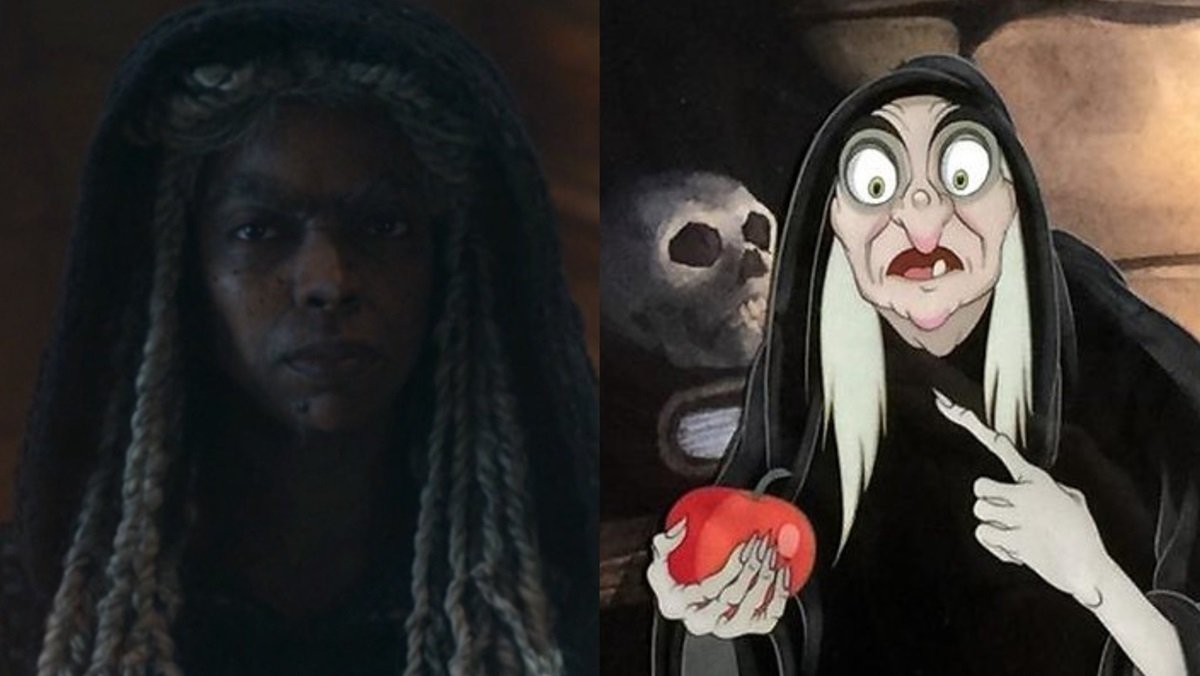 (L) Jennifer Kale as the Old Hag (R) The Old Hag in Snow White  and the Seven Dwarfs.