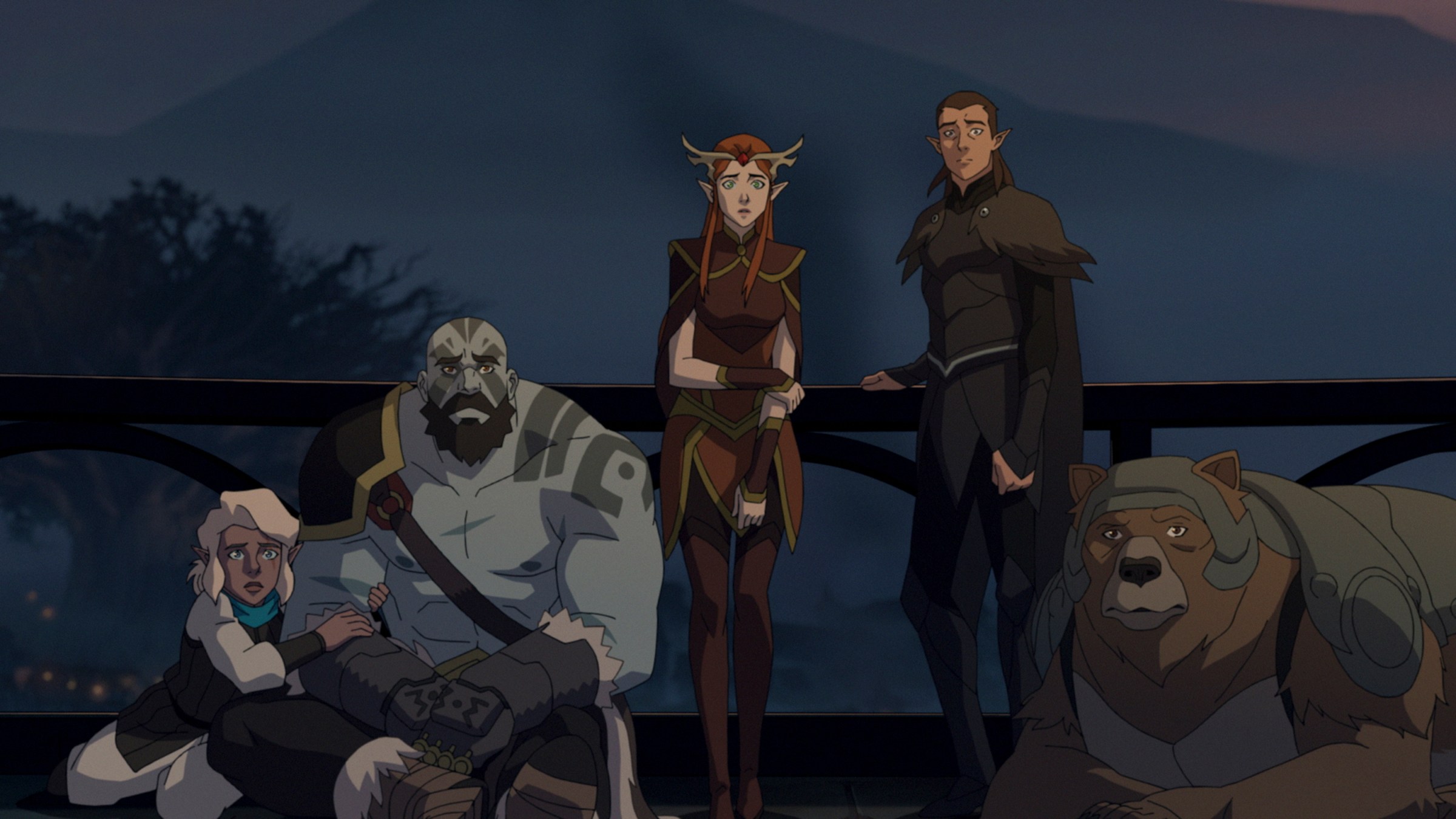 Grog, Pike, Vax, Keyleth, and Trinket gather on a darkened balcony in a still from Vox Machina