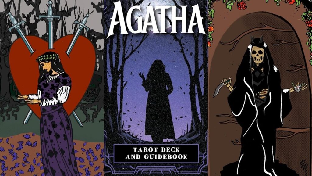 3 cards from the upcoming Agatha All Along Tarot deck.