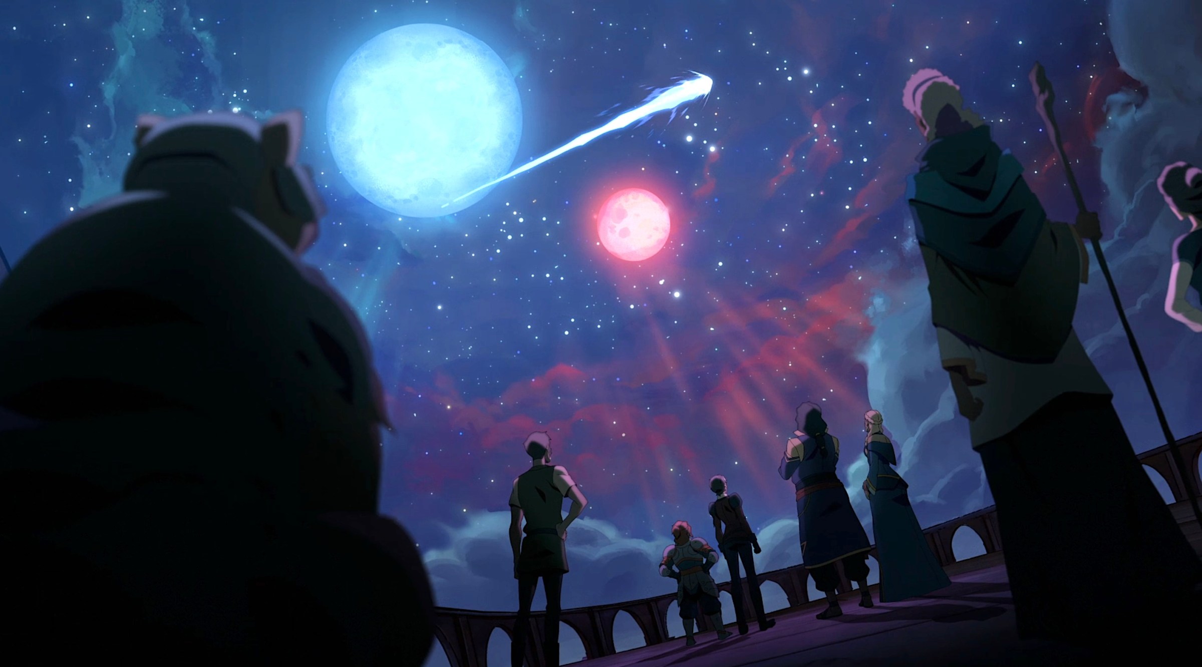 Various members of The Legend of Vox Machina’s support cast stand on a dark balcony with their backs to the camera, looking up at a starry sky with a blue moon, a pink moon, and a blazing comet