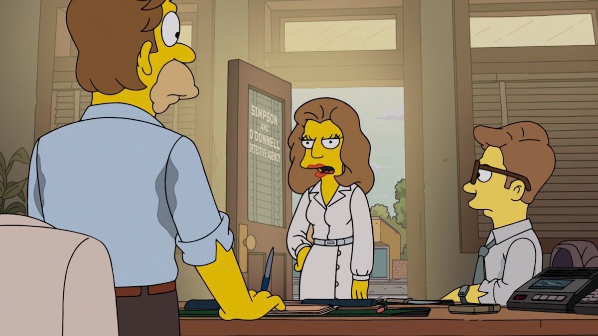 Young Agnes standing in the doorway of a detective agency of two men on The Simpsons