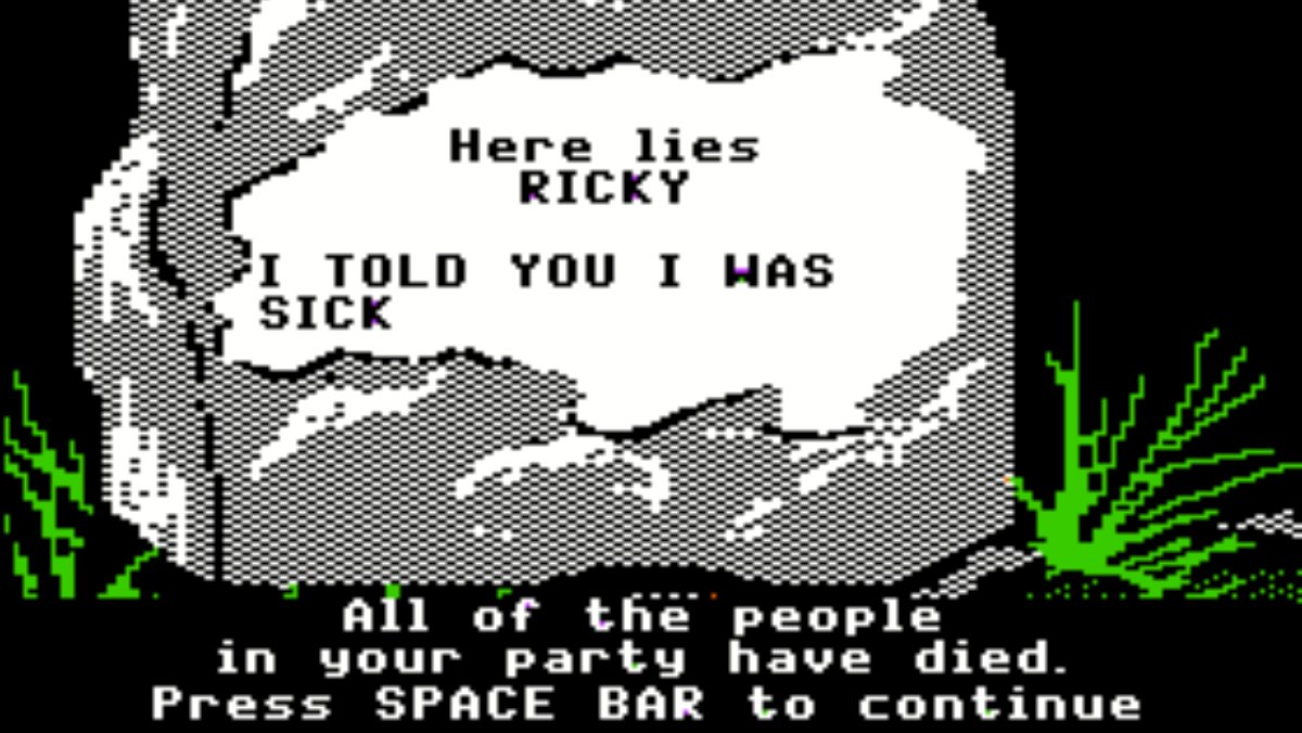 Game over screen in Oregon Trail. Tombstone with your name on it.