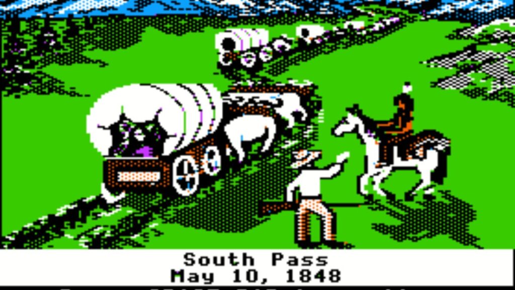 Screenshot of the game Oregon Trail with people on wagons and horses.