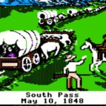 Screenshot of the game Oregon Trail with people on wagons and horses.