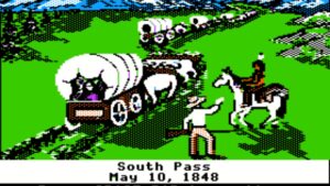 Screenshot of the game Oregon Trail with people on wagons and horses.