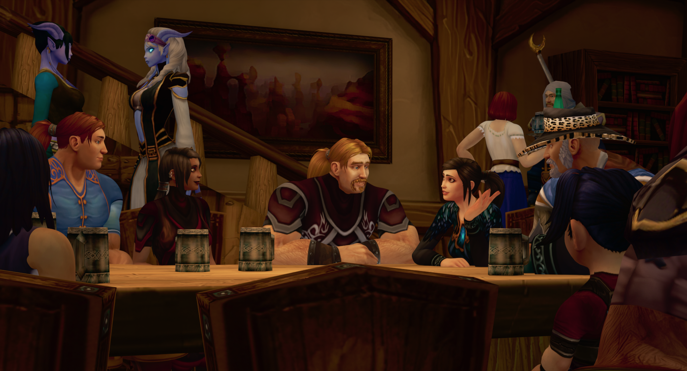 A group of World of Warcraft characters sit around an inn table in The Remarkable Life of Ibelin