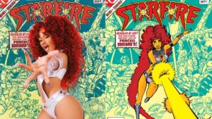 Megan Thee Stallion's Starfire Halloween costime (L) and George Perez's original Starfire from DC Comics (R)