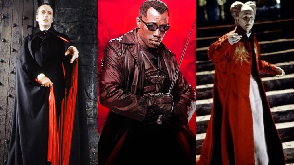 From L to R: Christopher Lee as Dracula, Wesley Snipes as Blade, and Gary Oldman as Dracula.