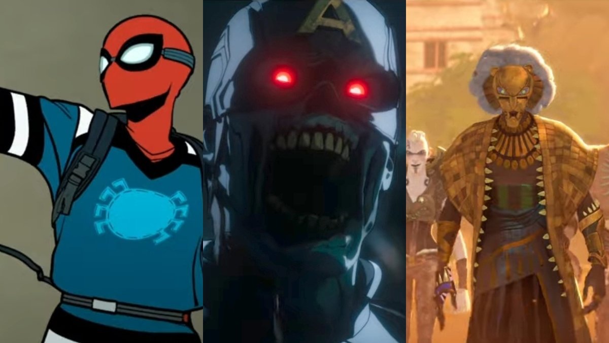 collage image of animated marvel spider-man, zombie captain america, and eyes of wakanda character