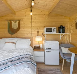 interior of Amazon's tiny log cabin