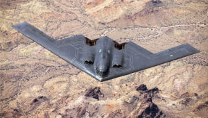 The B-2's first public flight in 1989