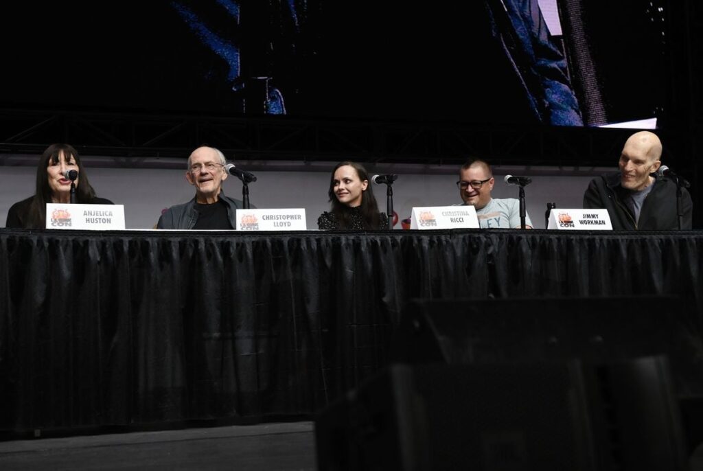 (L-R)  Anjelica Huston, Christopher Lloyd, Christina Ricci, Jimmy Workman and Carel Struycken speak during "The Addams Family" panel at 2024 Los Angeles Comic Con at Los Angeles Convention Center on October 05, 2024 in Los Angeles, California. (Photo by Chelsea Guglielmino/Getty Images)