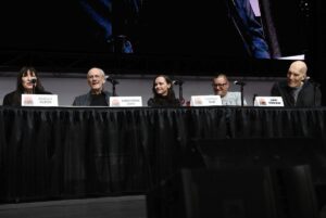 (L-R)  Anjelica Huston, Christopher Lloyd, Christina Ricci, Jimmy Workman and Carel Struycken speak during "The Addams Family" panel at 2024 Los Angeles Comic Con at Los Angeles Convention Center on October 05, 2024 in Los Angeles, California. (Photo by Chelsea Guglielmino/Getty Images)