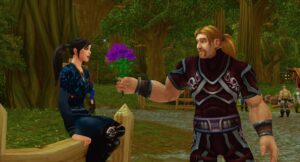 A standing male World of Warcraft  character with a blonde ponytail and mustache offers a bouquet of purple flowers to a female character with a black ponytail who’s sitting on a split-rail fence in a forest in Netflix’s documentary The Remarkable Life of Ibelin