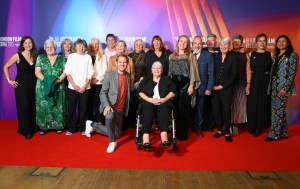 Members of the 1971 women’s England Football team including Jill Stockley, Val Cheshire, Janice Barton, Yvonne Farr, Marlene Collins, Paula Raynor, Trudy McCaffrey, Louise Cross and son of 1971 manager Harry Batt, Kieth Batt pose with producer Victoria Gregory, director Rachel Ramsay and director James Erskine at the 