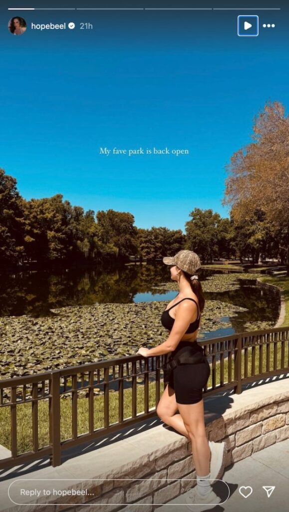 Fitness Model Hope Beel in Two-Piece Workout Gear Says "My Fave Park is Back Open"