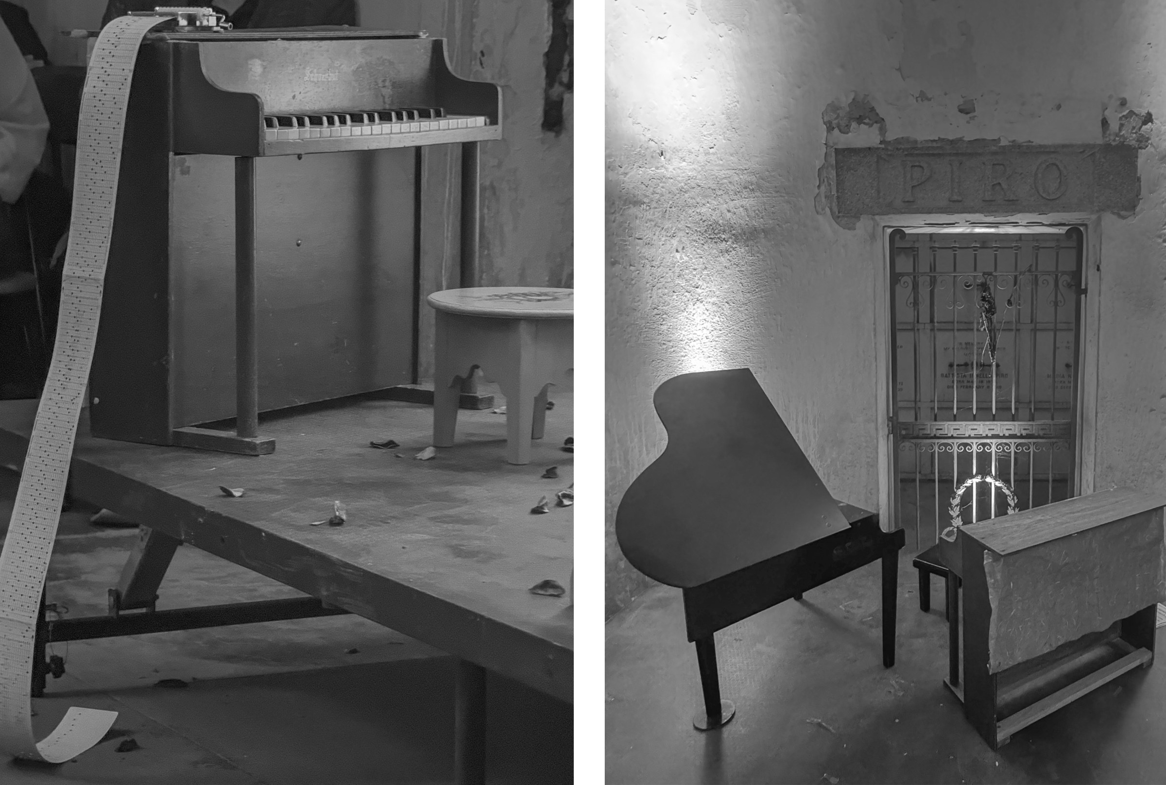 Two vertical photos of different toy pianos from the October 3, 2024 performance of Curios in the Catacombs by Margaret Leng Tan at Green-Wood Cemetery in New York