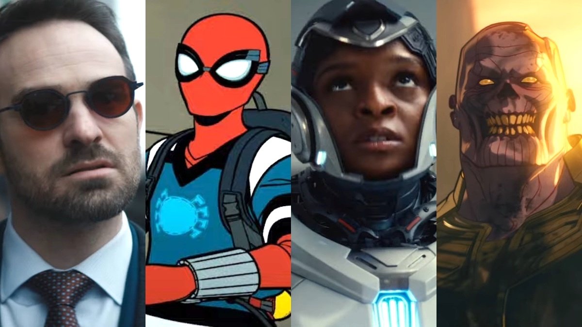 Daredevil Matt Murdoch with glasses, a cartoon Spider-Man, Ironheart in her amror with her facesd exposed, and zombie Thanos