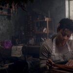 Chef (Ariana DeBose) peruses sheets of parchment and paper in a dark, overgrown, cluttered manor-house kitchen in House of Spoils