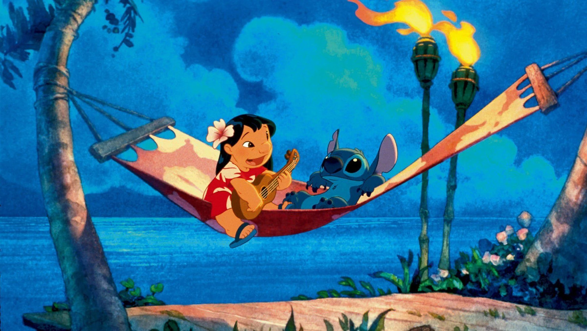 Animated Lilo & Stitch in a hammock on the beach