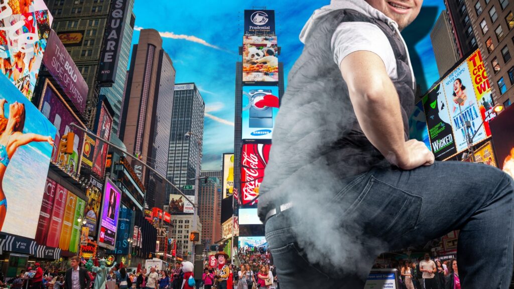 person farting over Times Square in New York City