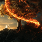 An elven warrior and a balrog battle on a mountaintop near a tree in The Lord of the Rings: The Rings of Power