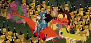 A crowd of frog-like creatures watches a alligator-like creature being ridden by two humanoid figures that look like they’re made of origami, in the animated French feature Sirocco and the Kingdom of the Winds