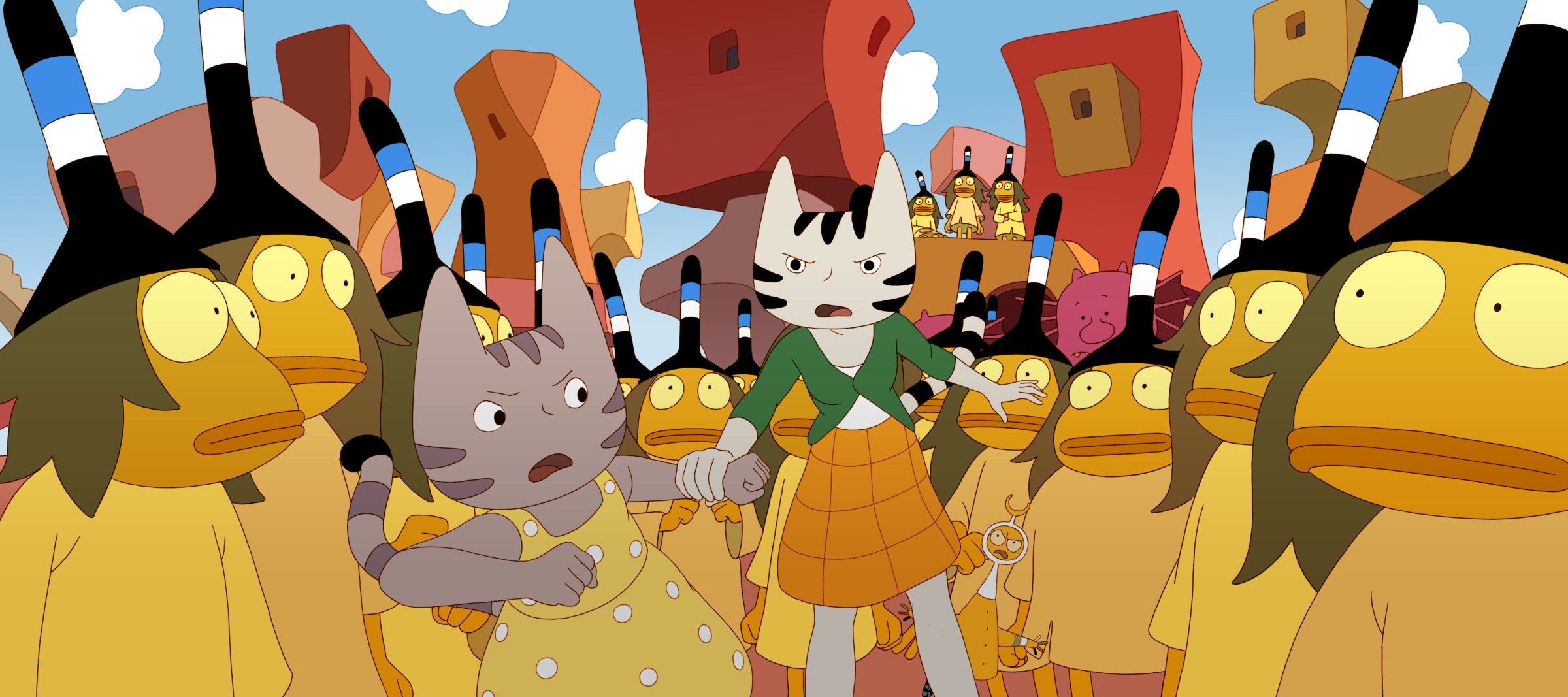 Two cat-like girls in a crowd of yellow froggish creatures in the animated French feature Sirocco and the Kingdom of the Winds