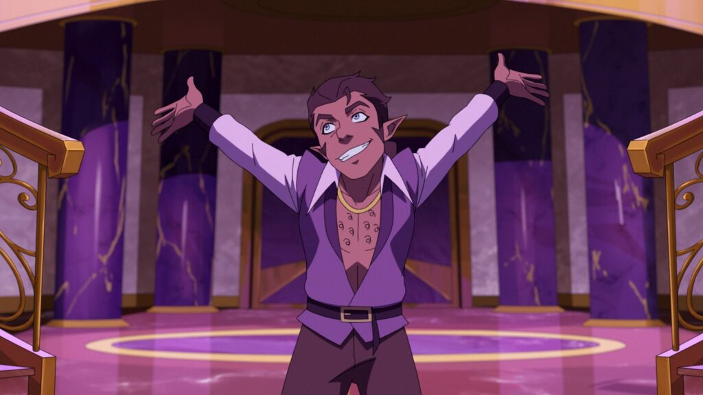 Scanlan raising both hands in glee in The Legend of Vox Machina