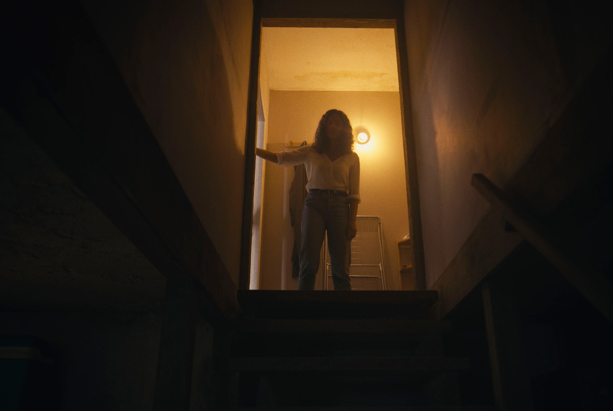 Tess stands atop a staircase leading to a dark basement in the horror movie Barbarian.