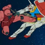 A red robot holding a firearm kicking a white and blue robot holding a shield in space in Mobile Suit Gundam.