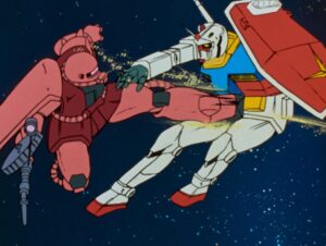 A red robot holding a firearm kicking a white and blue robot holding a shield in space in Mobile Suit Gundam.