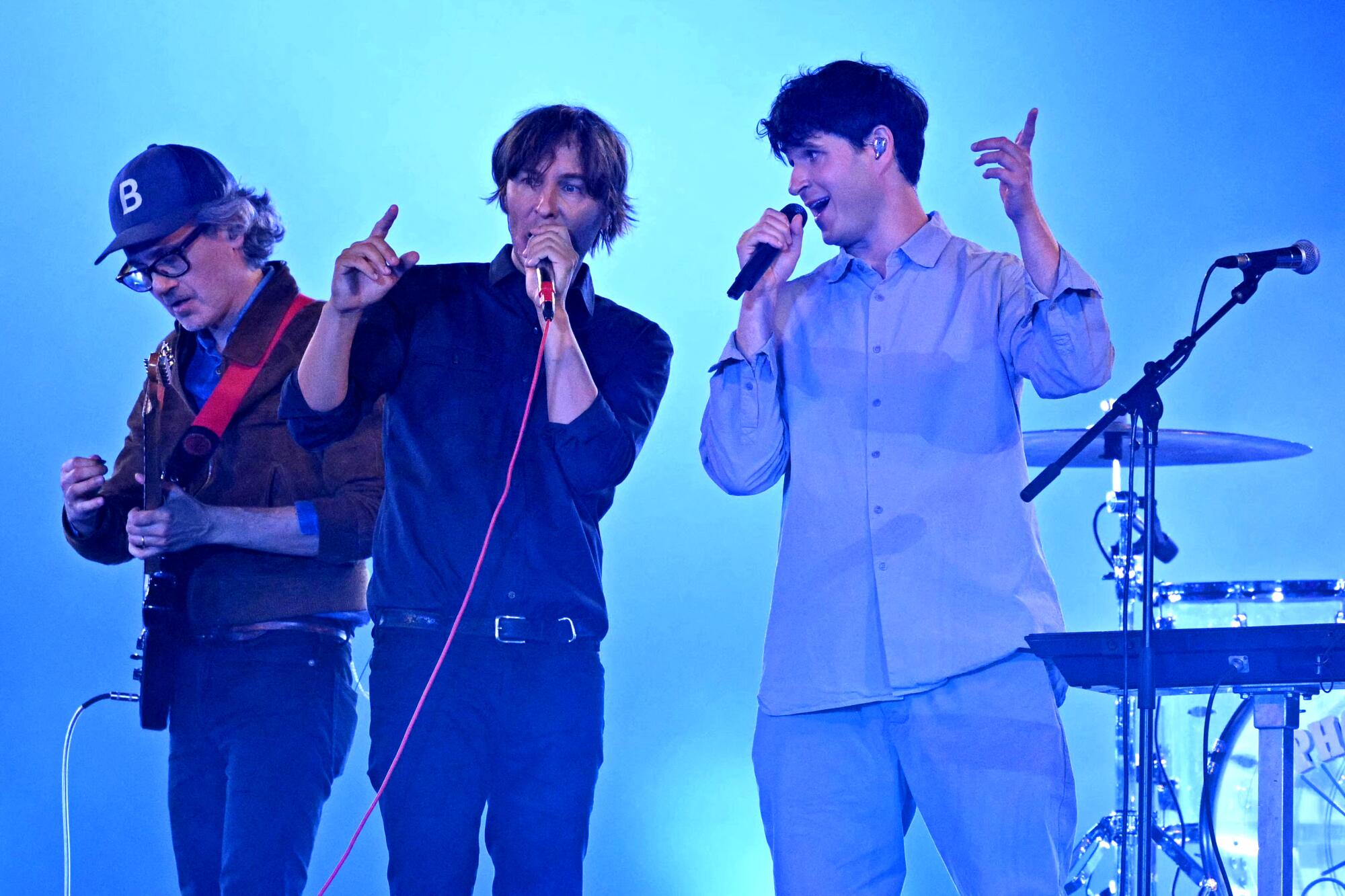 French rock band Phoenix perform with singer Ezra Koenig during the closing ceremony of the Paris 2024 Olympic Games