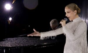 Celine Dion performing during the Olympics opening ceremony