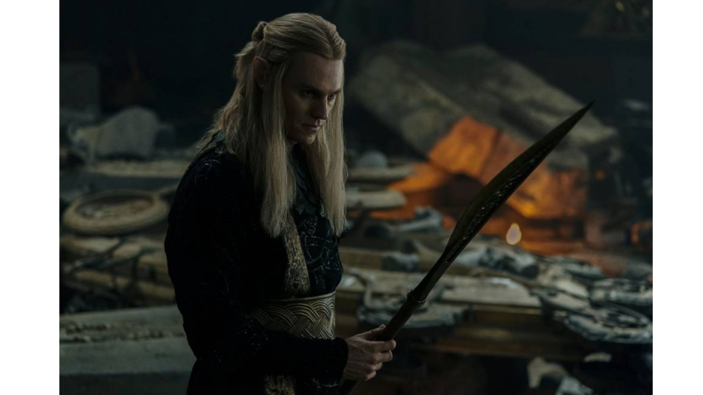 Sauron standing and holding a sharp weapon in The Rings of Power season 2 finale