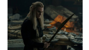 Sauron standing and holding a sharp weapon in The Rings of Power season 2 finale